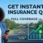 A professional black woman in a blue blazer holds a tablet and smartphone, presenting an infographic for "GET INSTANT AUTO INSURANCE QUOTES." The text highlights comparing "FULL COVERAGE vs. LIABILITY" with details like "SOFT CREDIT PULL," "STATE MINIMUMS," "FAST ONLINE BOUND," and "SAVE UP TO 28% ON PREMIUMS" over a suburban background.