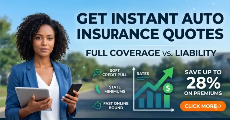 A professional black woman in a blue blazer holds a tablet and smartphone, presenting an infographic for "GET INSTANT AUTO INSURANCE QUOTES." The text highlights comparing "FULL COVERAGE vs. LIABILITY" with details like "SOFT CREDIT PULL," "STATE MINIMUMS," "FAST ONLINE BOUND," and "SAVE UP TO 28% ON PREMIUMS" over a suburban background.